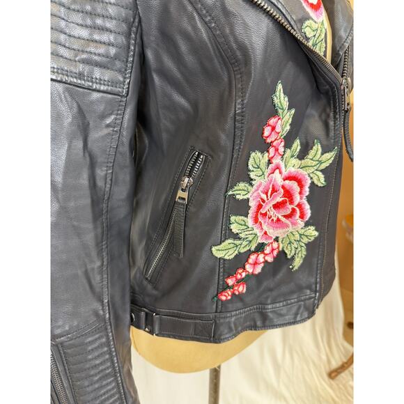 Top Shop Black Faux Leather Embroidered Moto Jacket Womens 10 / Medium #1-0166 - Picture 8 of 13